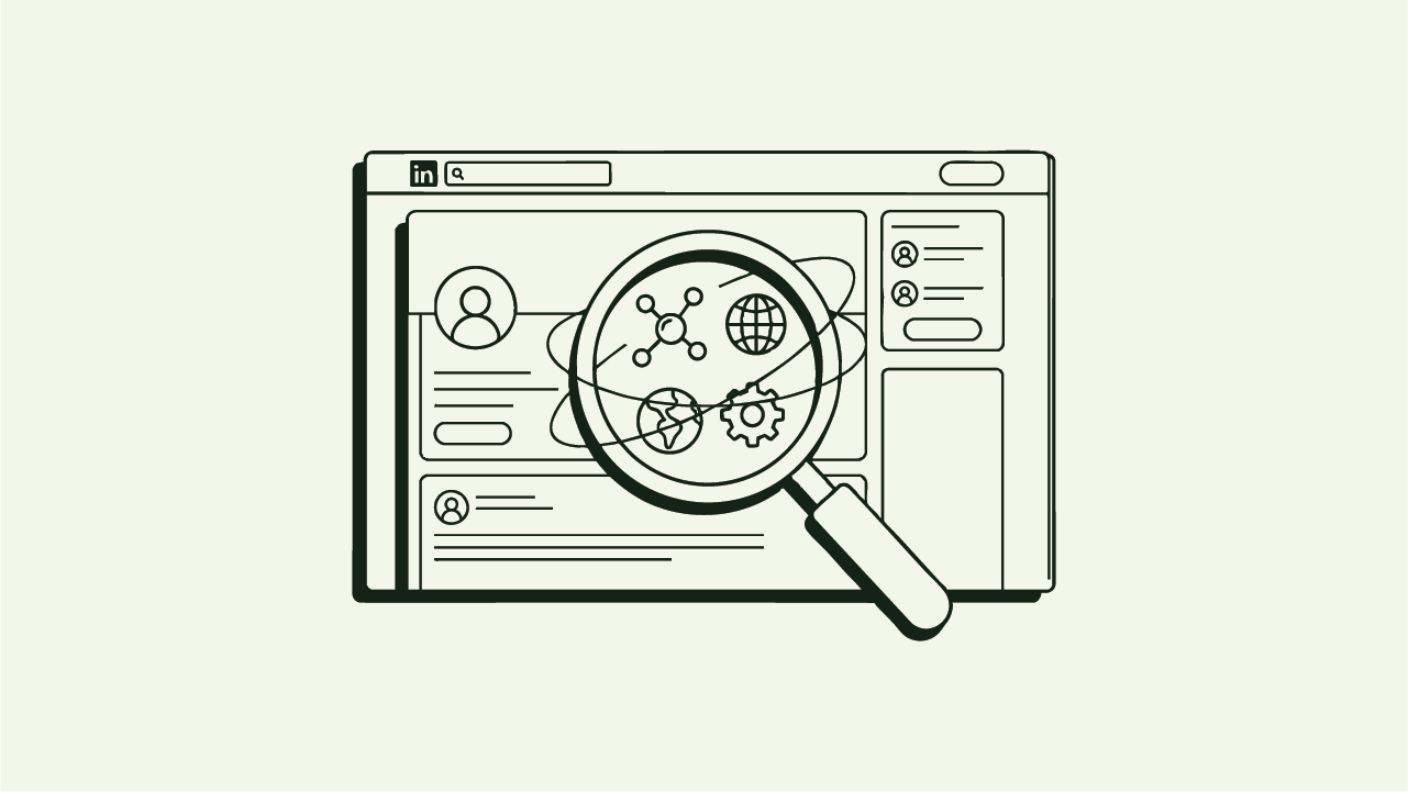 Flat illustration of an automated campaign pulling a recent news item and a LinkedIn profile into a personalized email