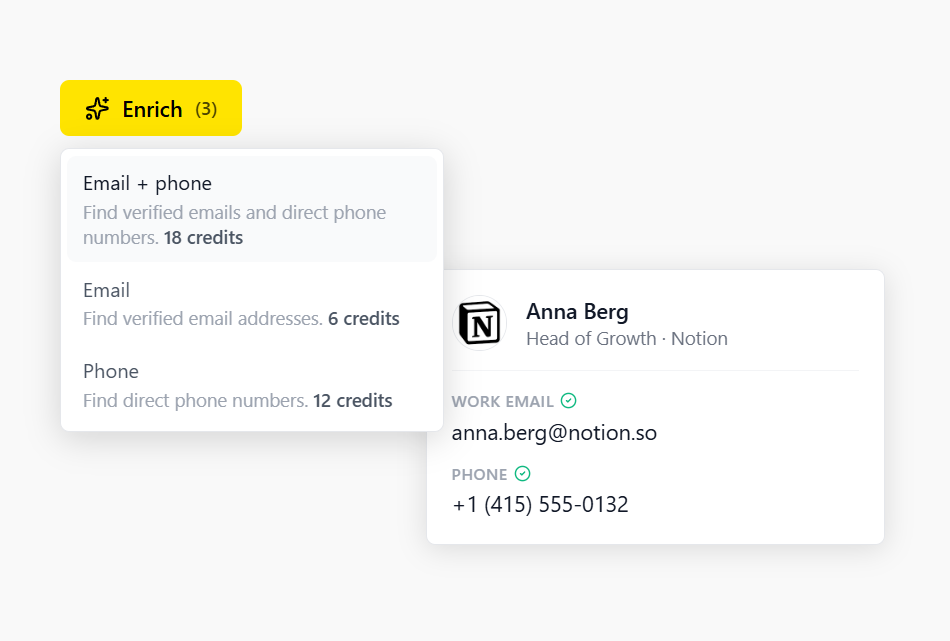 Enrichment menu offering email, phone, or both with their credit cost, next to an enriched prospect showing a verified work email and direct phone number