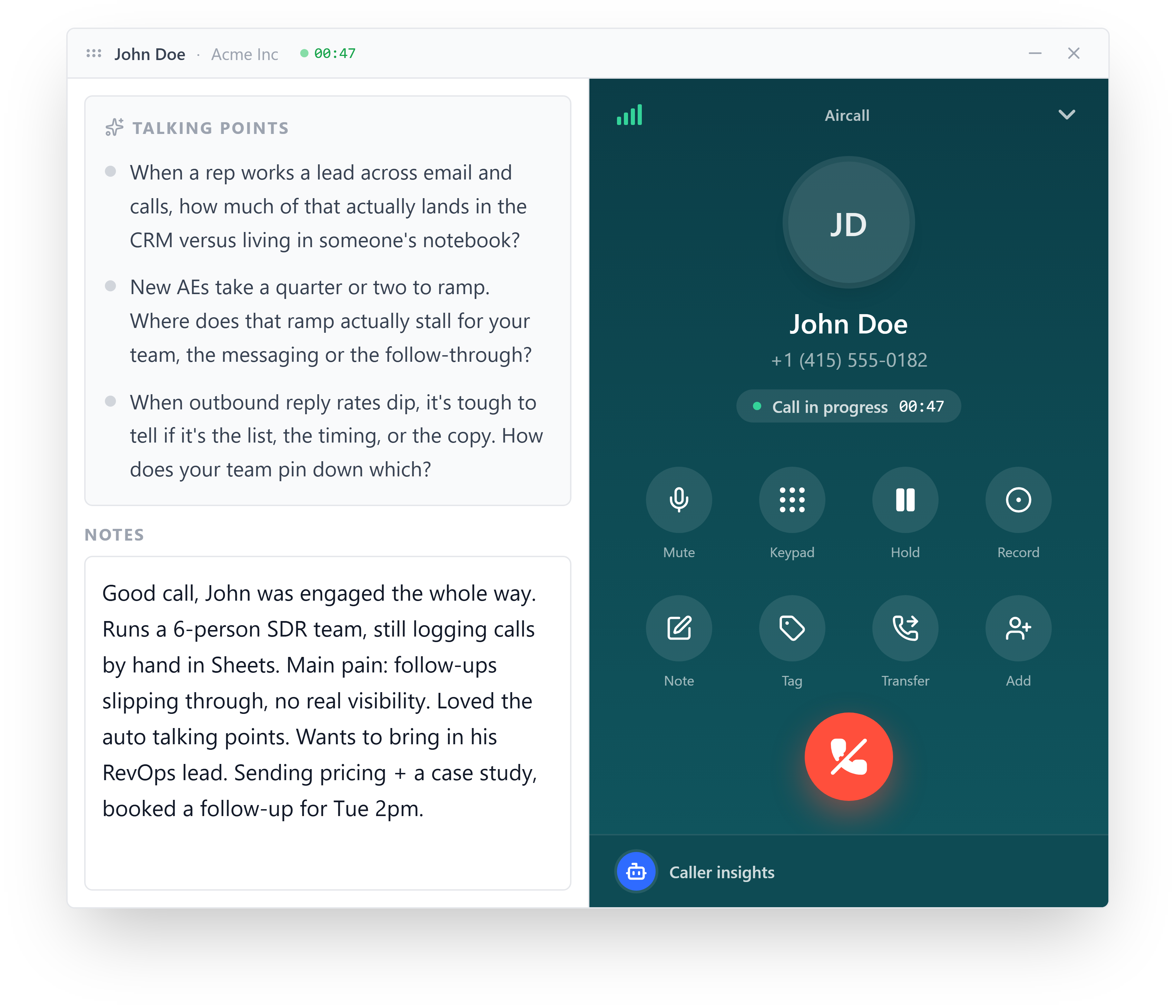 In-call window with AI talking points, call notes, and Aircall controls