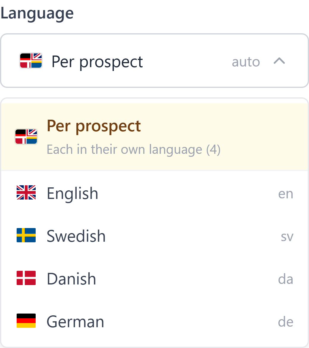 A language selector set to per prospect, writing each contact in their own language across English, Swedish, Danish, and Norwegian