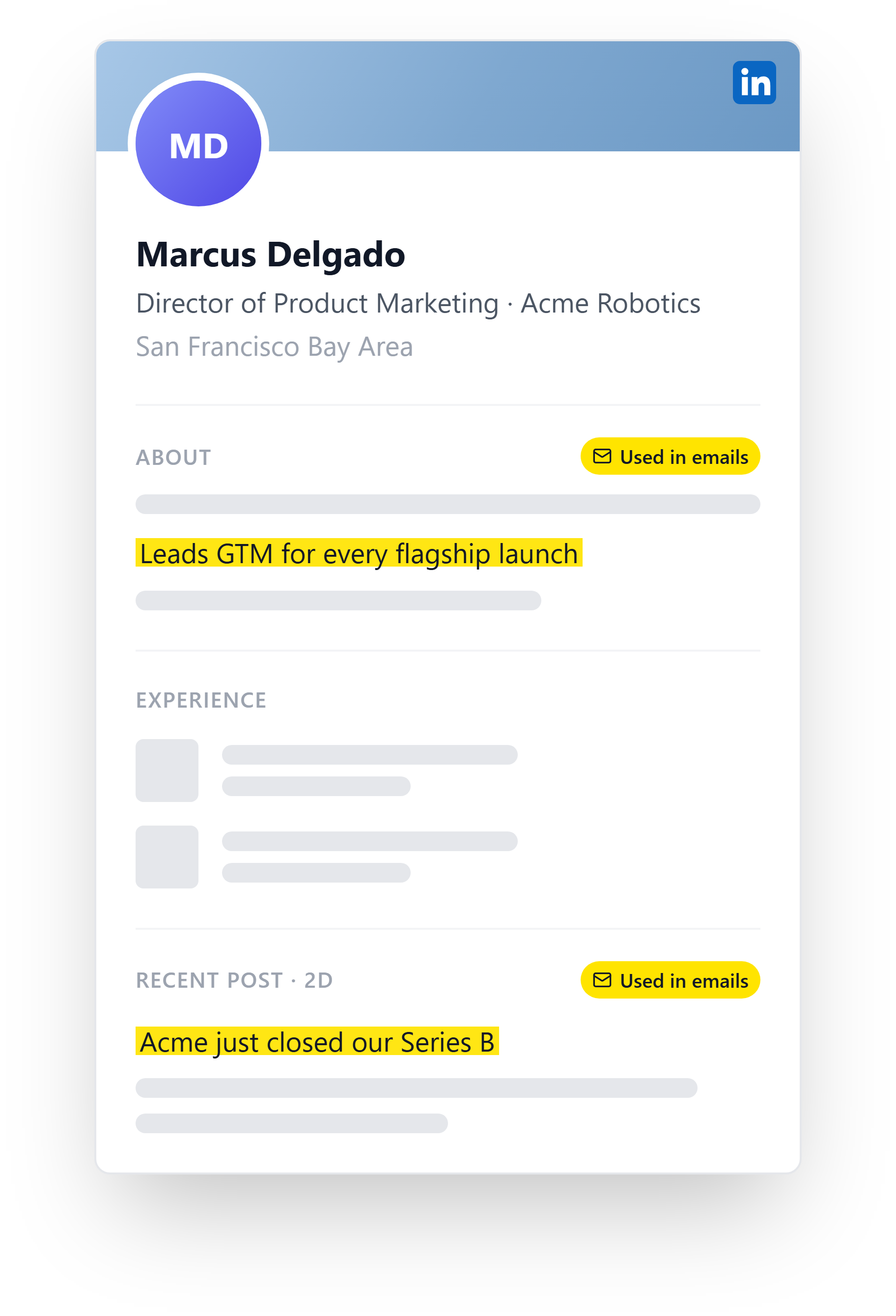 A prospect's LinkedIn profile with about, experience, and a recent post, highlighting which signals lemonreach uses in emails